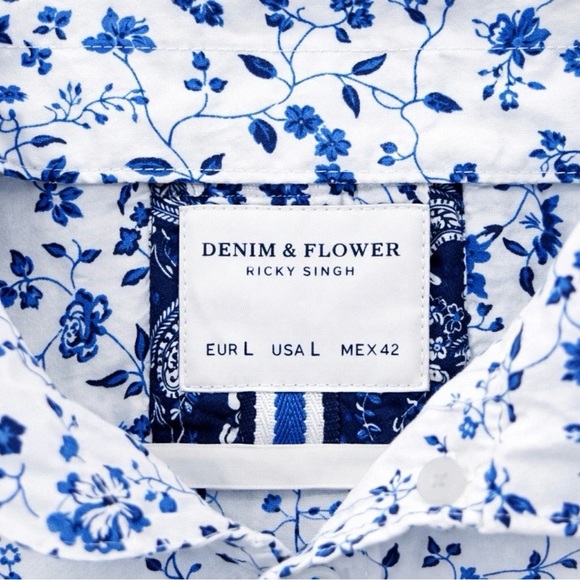 Denim & Flower Long Sleeve Button Down Men’s Large White w Navy & Royal Floral - Picture 4 of 5